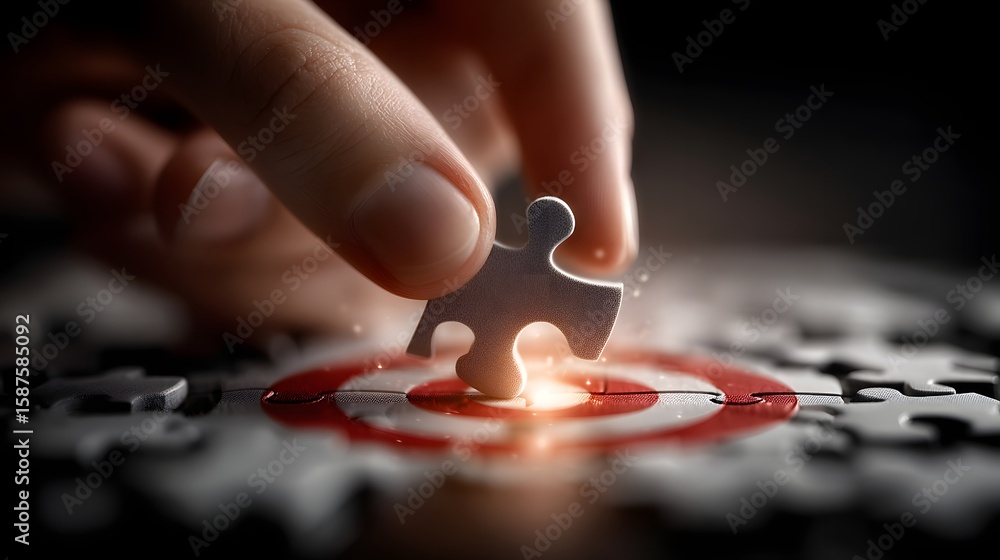 Poster a hand reaches out to fit a puzzle piece into place casting a shadow on the dark surface as the ligh