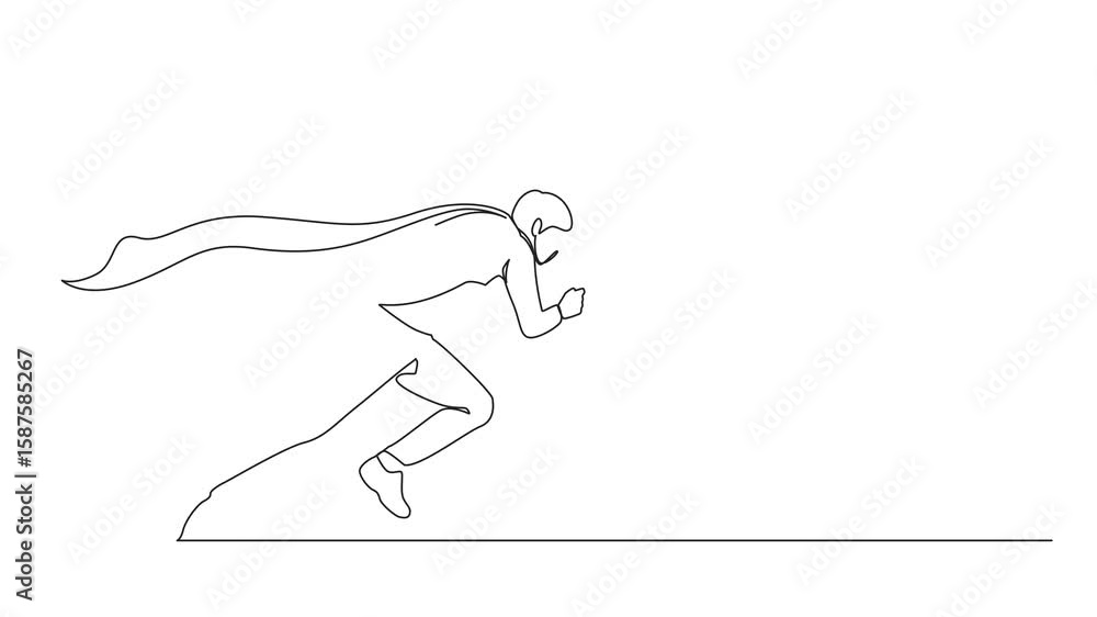 Poster self drawing animation of continuous one line drawing super businessman running fast. business super