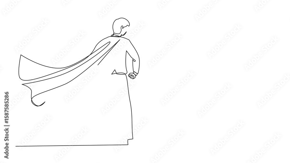 Poster animation of single continuous line drawing superhero in cloak flutters in the wind. stands with his