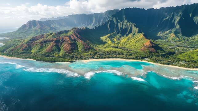 Aerial view of a shoreline with turquoise blue waters and mountains