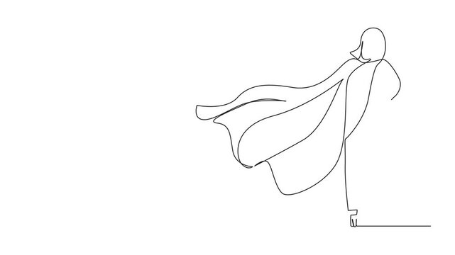 Self drawing animation of single continuous line drawing back view confident businesswoman standing in suit and cape. Successful super hero entrepreneur. Leadership, achievement. Full length animated