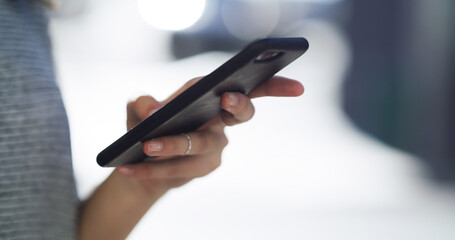 Hands, texting and communication on smartphone, city and chat with tech on social media and...