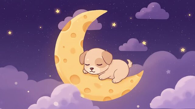 Animated Scene Of a Sleeping Dog on a Crescent Moon Amidst Starry Night Sky with Fluffy Clouds