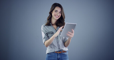 Intern, tablet and portrait with woman in studio for social media, branding and communication....