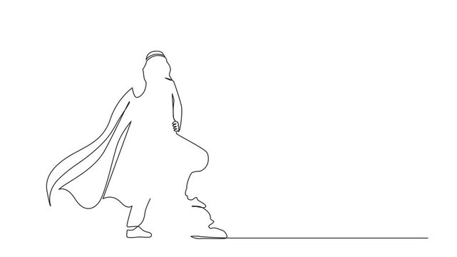 Animated self drawing of single continuous line drawing superhero Arabian businessman in Arabic clothes flying upward with cloak. Joyful man raising. Full length single line animation