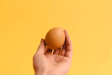 Hand Holding Brown Chicken Egg on Yellow Background | Food Photography | Fresh Egg Still Life | Cooking Ingredient Image
