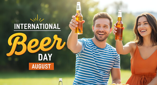 Celebrating International Beer Day with friends as they raise their beer bottles in a toast during a sunny August gathering, enjoying the good times. - Powered by Adobe