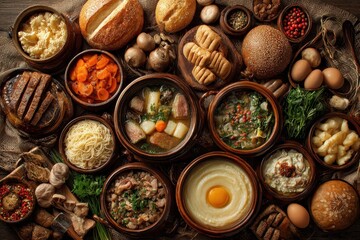 Belarusian Food. Assorted Topview of Fresh Meals and Dishes