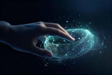 Hand Touching Futuristic Hologram: Technology, Innovation, Digital Interface, Sci-Fi Concept, Modern Art, Human-Computer Interaction