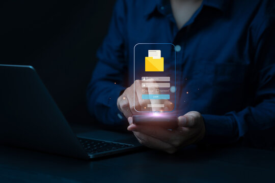 Cloud computer technology and security concept. Business technology cloud computing service and technology file upload backup on cloud server storage. Login, User, identification information security.