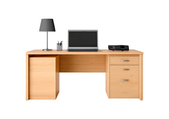 Wooden office desk setup with laptop, lamp, and printer for modern workspace on transparent background, PNG