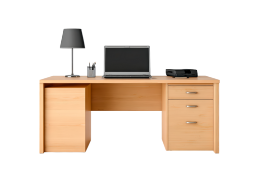 Wooden office desk setup with laptop, lamp, and printer for modern workspace on transparent background, PNG