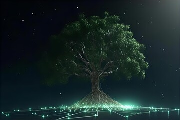 Digital Tree of Life: Glowing Roots, Networked Connections, Symbolic Growth, Spiritual Art, Nature & Technology Fusion, Dark Background