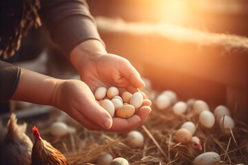 Fresh Farm Eggs: Hands Holding Organic Eggs, Chicken Coop, Rural Lifestyle, Golden Light, Sustainable Farming, Countryside Scene