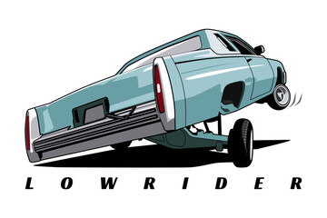 Blue Lowrider Car Rear View Jumping Illustration Art