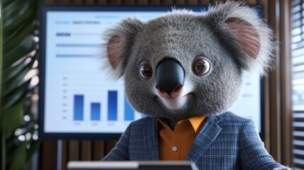 Close up of a koala bear wearing a suit with a graph on a screen in the background at the office