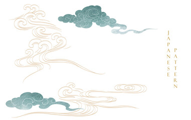 Japanese background with Chinese cloud and blue watercolor texture painting element vector. Hand drawn natural wave pattern with ocean sea decoration banner design in vintage style. Marine template.