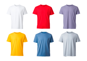Assorted plain t-shirts in various colors on transparent background, PNG