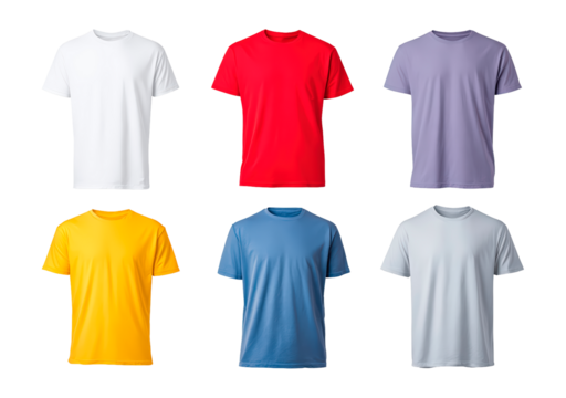 Assorted plain t-shirts in various colors on transparent background, PNG
