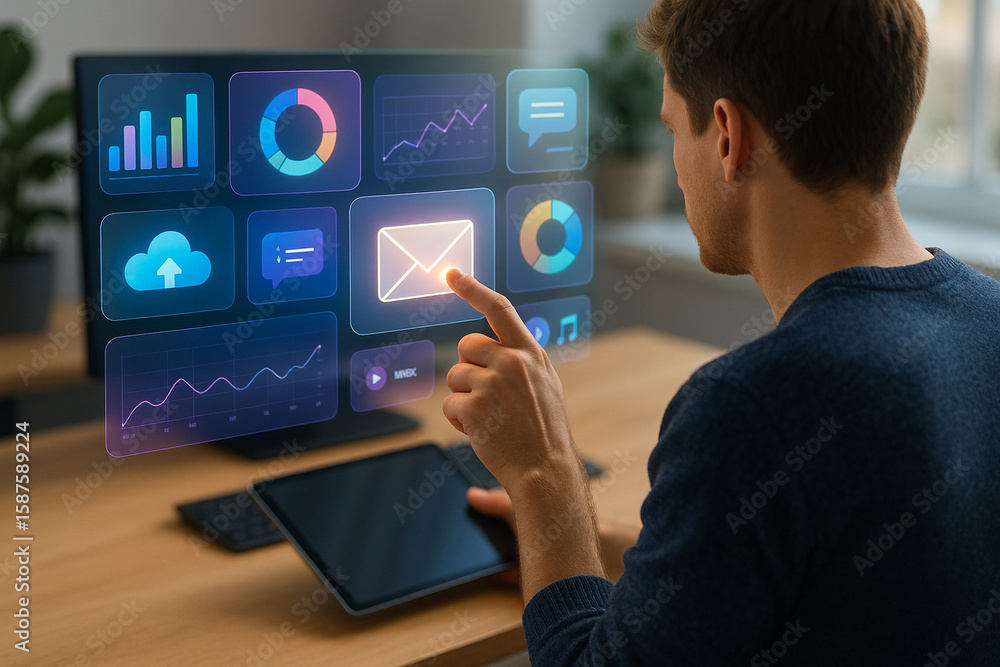 Poster professional touching digital dashboard interface with colorful app icons for business productivity