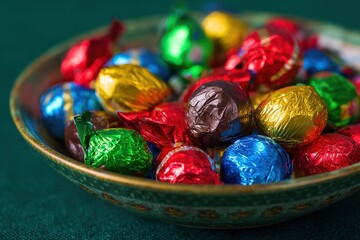 Fototapeta premium Bowl Of Christmas Candy. Colorful Sweet Treats in Festive Wrapping Paper on Table