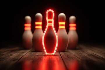 Bowling Neon. Closeup View of Red Bowling Ball and Pins in Neon Illumination