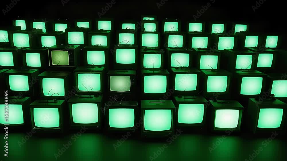 Aufkleber array of illuminated green retro televisions in abstract pattern at night