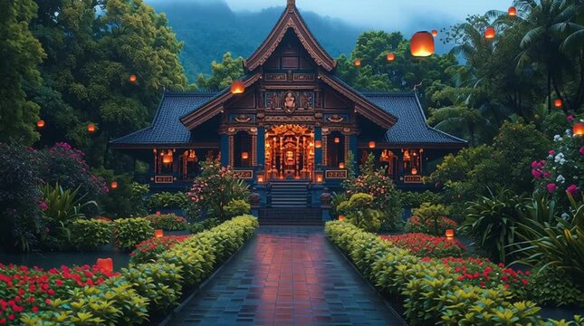 riverside temple with floating lanterns, spiritual thai temple night scene PNG, glowing temple festival lights transparent, glowing cultural temple illustration for travel branding

