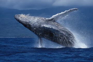 Naklejka premium Breach Whale. Majestic Pacific Whale Swimming and Leaping Above Waterline