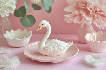 A porcelain swan rests on a pink dish, surrounded by pink flowers and petal accents