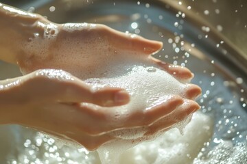 Fototapeta premium Hands in slow-motion rubbing soap, wet sink surface, clean aesthetic