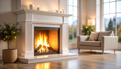 Warm fireplace ambiance, a lit candle sets cozy scene for relaxation cozy
