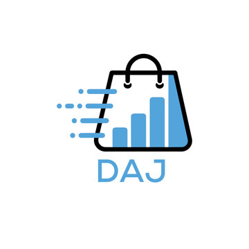 Modern Digital Shopping Logo with Growth Bar and DAJ Letters &ndash; Ecommerce and Analytics Concept. DAJ Letter Logo.
