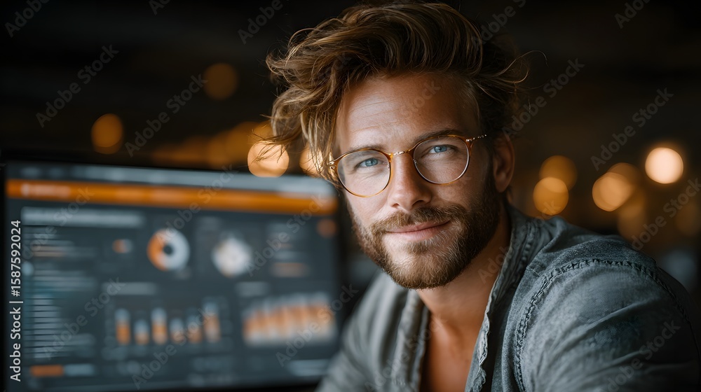 Poster focused and thoughtful professional man with curly hair and beard examining data charts and analytic