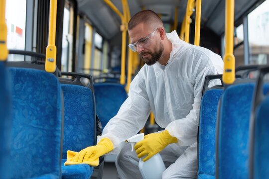 Bus Cleaning: Man Cleaning and Disinfecting Bus Seats with Chemicals for Hygiene and Pest Control