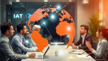 A diverse group of business professionals engage in a meeting around a table with a glowing globe hologram - Powered by Adobe