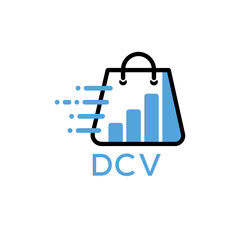 Fototapeta premium Modern Digital Shopping Logo with Growth Bar and DCV Letters – Ecommerce and Analytics Concept. DCV Letter Logo. 