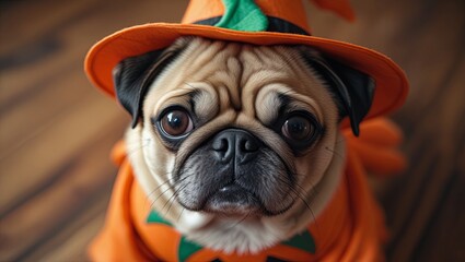 A pug wearing a jack-o'-lantern costume sitting on the floor — close-up view