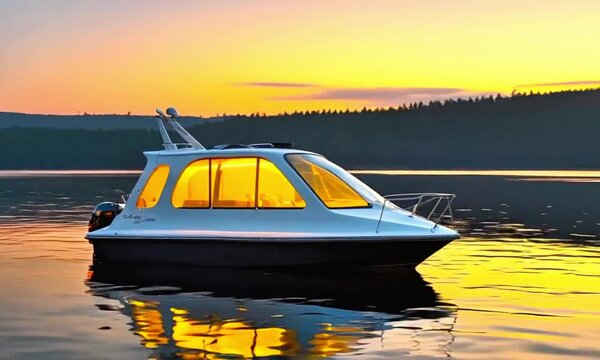 A modern, sleek boat on calm waters at sunset, with the sky and water reflecting the warm hues of the setting sun. The boat is situated near a forested area, suggesting a serene and picturesque