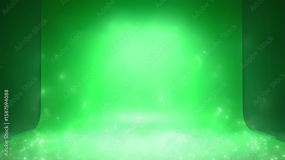 Poster illuminated green background with soft glow in a minimalist studio setting