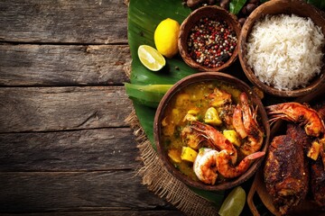 Caribbean Cuisine Set. Top view of Creole Cajun Amerindian Meal Dishes