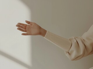 A human arm extends with an open palm, featuring a transparent, glowing futuristic display on the forearm, suggesting advanced technology and interaction