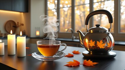 A cozy autumn moment with warm tea in a glass cup, a teapot, and glowing candles in a modern kitchen interior. Close-up capturing the inviting tea time ambiance