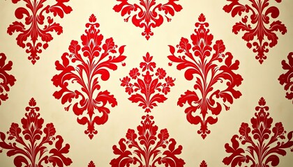 Deep red damask pattern on antique white background, vintage wallpaper texture, retro, red