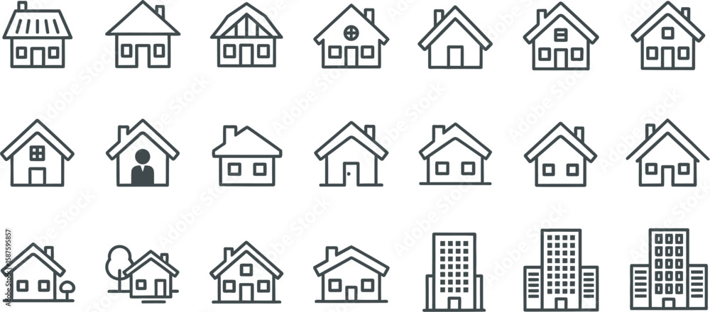 Poster vector art of a set of outline icons depicting various house and building styles isolated on white b