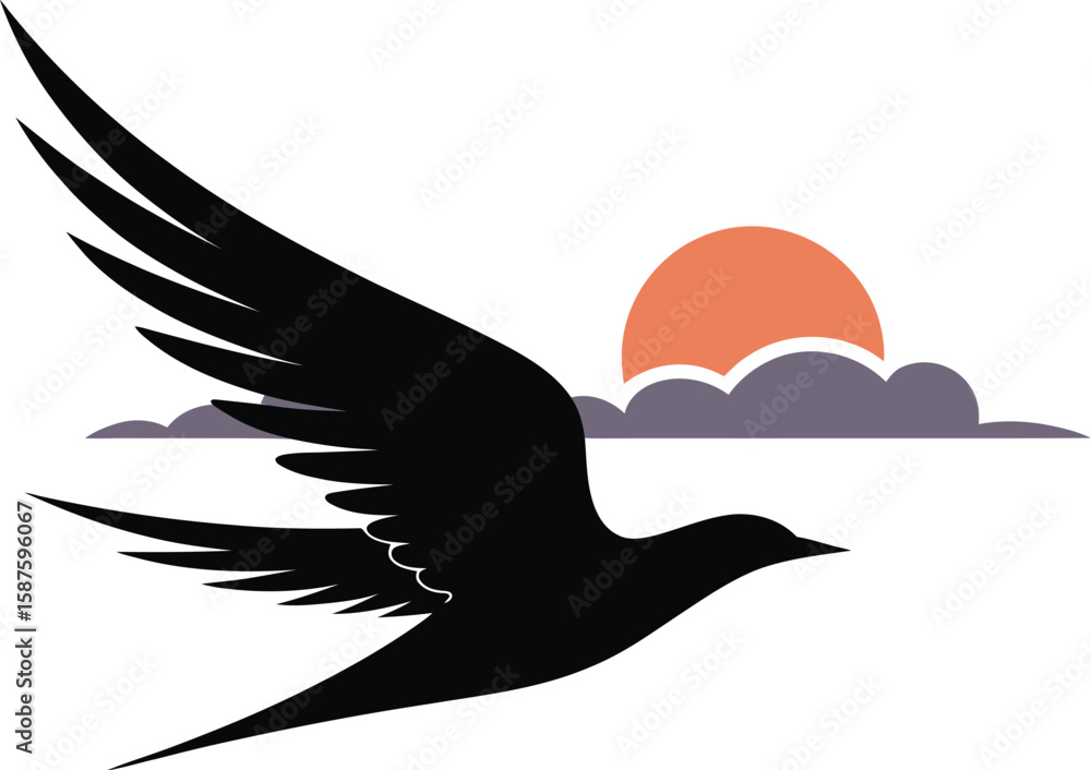 Aufkleber a silhouette of a bird flying in front of a sunset with clouds in a minimalist vector design style