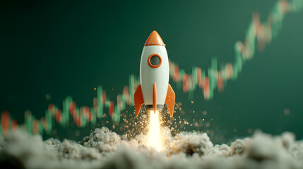 3D Rocket launching  symbolizing financial growth and investment success.
