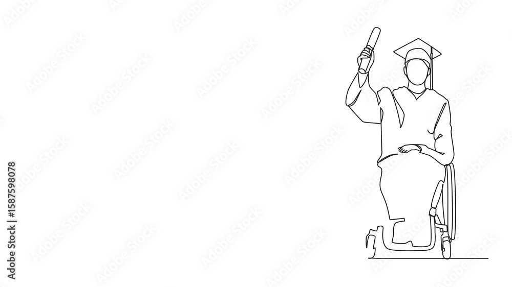 Poster animation of single one line drawing inclusive affordable education. graduate of disabled student in