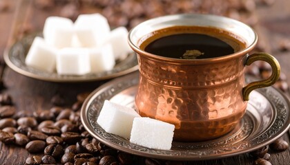 Elegant Copper Coffee Cup with Sugar Cubes and Roasted Beans, Traditional Turkish Coffee Service with Detailed Copper Cup and White Sugar Cubes