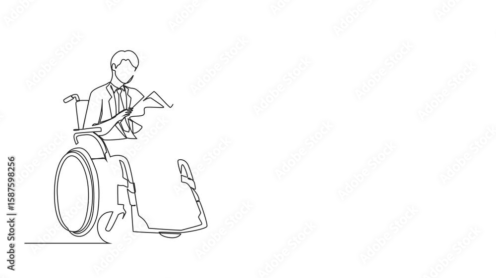 Poster animation of continuous one line drawing positive student disabled reads book while sitting in wheel